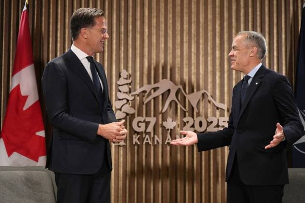 June 17, 2025, Kananaskis, Ab, CANADA: Canadian Prime Minister Mark Carney, right, and NATO secretary-general Mark Rutte attend a meeting at the G7 Summit in Kananaskis, B.C., on Tuesday, June 17, 2025. Kananaskis CANADA - ZUMAc35_ 20250617_zaf_c35_046 Copyright: xDarrylxDyckx