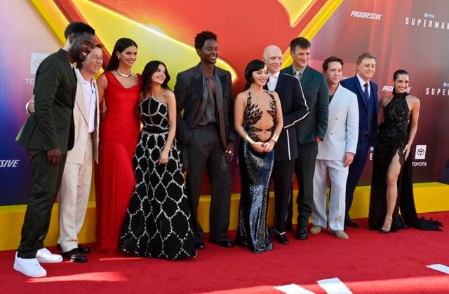 Cast members Christopher McDonald, Skyler Gisondo, Sara Sampaio, Mikaela Hoover, Edi Gathegi, Isabela Merced, Anthony Carrigan, Nathan Fillion, Beck Bennett, Alan Tudyk, Maria Gabriela de Faria (L-R) attend the premiere of the sci-fi motion picture Superman at the TCL Chinese Theatre in the Hollywood section of Los Angeles on Monday, July 7, 2025. Storyline: Superman must reconciles his alien Kryptonian heritage with his human upbringing as reporter Clark Kent. As the embodiment of truth, justice and the human way he soon finds himself in a world that views these as old-fashioned. Superman must reconcile his alien Kryptonian heritage with his human upbringing as reporter Clark Kent. As the embodiment of truth, justice and the human way he LAP2025070713 JIMxRUYMEN