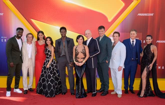 Superman Premiere - Los Angeles, USA LOS ANGELES, USA. July 07, 2025: Christopher McDonald, Skyler Gisondo, Sara Sampaio, Mikaela Hoover, Edi Gathegi, Isabela Merced, Anthony Carrigan, Nathan Fillion, Beck Bennett, Alan Tudyk & Maria Gabriela de Faria at the premiere for Superman at the TCL Chinese Theatre. Los Angeles CA USA Copyright: xPaulxSmith Featureflashx