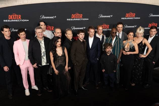 Bryan Lillis, David Magidoff, Eric Stonestreet, Emilia Suarez, David Zayas, David Dastmalchian, James Remar, Jack Alcott, Michael C. Hall, Maya Thurman-Hawke, Peter Dinklage, Clyde Phillips, Scott Reynolds, Ntare Guma Mbaho Mwine, Kadia Saraf, Dominic Fumusa, Emily Kimball and Desmond Harrington (L to R) arrive on the red carpet at the world premiere of Dexter: Resurrection at Alice Tully Hall on Wednesday, July 9, 2025 in New York City. NYP20250709670 DEREKxFRENCH