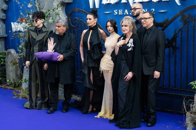 Wednesday Season 2, Part 1 Global Premiere VIP Arrivals LONDON, ENGLAND - JULY 30: (L to R) Isaac Ordonez, Luis Guzman, Catherine Zeta-Jones, Jenna Ortega, Joanna Lumley, Fred Armisen and Victor Dorobantu attend the Global Premiere of Wednesday Season 2, Part 1 at Central Hall Westminster on July 30, 2025 in London, England., Credit:lounis tiar Avalon United Kingdom, London, Westminster Copyright: xlounisxtiarx xAvalonx 1026819903