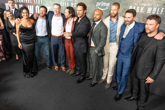 August 4, 2025, Bronx, New York, USA: Shiraz Tzarfati, Jared Shaw, David DiGilio, Taylor Kitsch, Chris Pratt, Dar Salim, Tom Hopper, Jack Carr and Luke Hemsworth attend premiere of Amazon Prime Video series The Terminal List: Dark Wolf at Regal Times Square in New York, NY on August 4, 2025 Bronx USA - ZUMAr339 20250804_znp_r339_132 Copyright: xLevxRadinx
