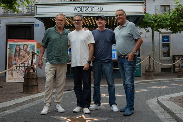 Das Kanu des Manitu, Premiere im Europa-Park Rust Kinopremiere, Das Kanu des Manitou, Michael Bully Herbig, Rick Kavanian, Christian Tramitz, Filmpremiere, Europa-Park, Voltron 4D, roter Teppich, Filmstart, Komödie, Westernparodie, Bullyparade, Schauspieler, Regisseur, Drehbuchautor, Presseevent, Sommerferien, Tourismus, Freizeitpark, Unterhaltung, Besucher, Medienereignis, Kinostart August 2025, deutsche Filmkomödie, Starauftritt, Fototermin, Rick Kavanian, Michael Herbig, Christian Tramitz Rust Europa Park Baden-Württemberg Deutschland Copyright: xFINLEYxMÖRCHx