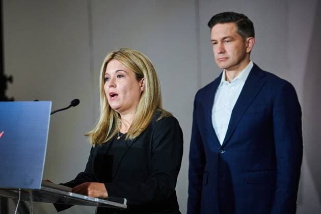 September 3, 2025, Mississauga, On, Canada: Conservative MP Michelle Rempel Garner, left, speaks as Conservative Leader Pierre Poilievre stands by at a press conference in Mississauga, Ont., on Wednesday, Sept. 3, 2025. Mississauga Canada - ZUMAc35_ 20250903_zaf_c35_011 Copyright: xSammyxKoganx
