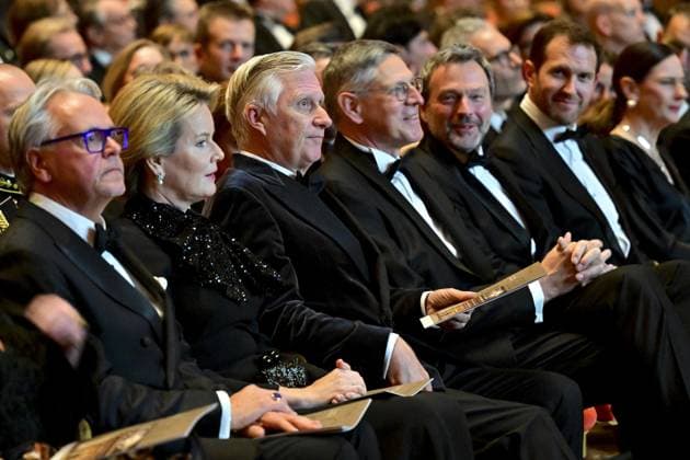 Philip Heylen, International Relations & Corporate Affairs Officer Ackermans & van Haaren, Queen Mathilde of Belgium, King Philippe - Filip of Belgium, Jan Suykens, Steunraad Antwerpen, Pierre Wunsch, Governor of the National Bank of Belgium and Brieuc Van Damme, CEO King Baudouin Foundation pictured during a gala evening organized by the Antwerp Support Committee for the King Baudouin Foundation, which is celebrating its 25th anniversary, in Antwerp, Thursday 06 November 2025. DIRKxWAEM 139665760