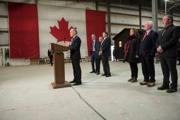 November 10, 2025, Fredericton, Nb, Canada: Prime Minister Mark Carney makes an announcement at the manufacturing facility of Maple Leaf Homes in Fredericton, N.B., on Monday, Nov. 10, 2025. Behind Carney from left are: David Myles, MP for Fredericton-Oromocto, Wayne Long, MP for Saint-John-Kennebecasis, Dominic LeBlanc, MP for Beauso jour, Erika Jones, president of Maple Leaf Homes, Bill Jones, chairman, and Chris McLean, general manager. Fredericton Canada - ZUMAc35_ 20251110_zaf_c35_047 Copyright: xStephenxMacgillivrayx