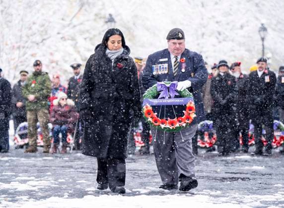 November 11, 2025, Montreal, Pq, CANADA: Mayor-elect Soraya Martinez Ferrada, assisted by Terrance Deslage, places wreath at the cenotaph during a Remembrance Day ceremony, in Montreal, Tuesday, Nov. 11, 2025. Montreal CANADA - ZUMAc35_ 20251111_zaf_c35_091 Copyright: xChristopherxKatsarovx
