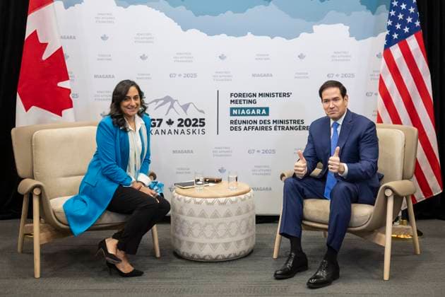 November 12, 2025, Niagara-On-The-Lake, On, Canada: Foreign Affairs Minister Anita Anand, left, and U.S. Secretary of State Marco Rubio take part in a bilateral meeting during the G7 Foreign Ministers Meeting in Niagara-on-the-Lake, Ont., on Wednesday, Nov. 12, 2025. Niagara-On-The-Lake Canada - ZUMAc35_ 20251112_zaf_c35_042 Copyright: xNickxIwanyshynx
