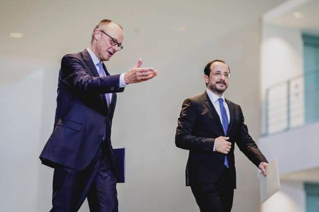 (L-R) Friedrich Merz (CDU), Bundeskanzler, und Nikos Christodoulides, Praesident von Zypern, aufgenommen im Rahmen einer Pressekonferenz in Berlin, 14.11.2025. Berlin Deutschland Copyright: xFlorianxGaertnerx
