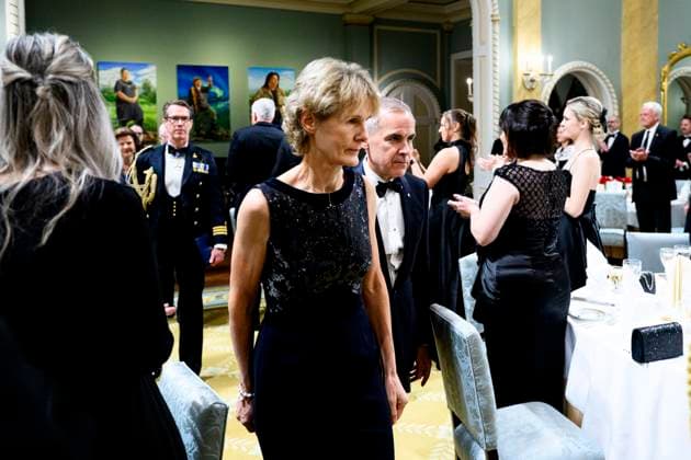 November 18, 2025, Ottawa, On, Canada: Prime Minister Mark Carney, centre-right, and Diana Fox Carney arrive to a State Dinner with King of Sweden Carl XVI Gustaf, not pictured, at Rideau Hall in Ottawa, on Tuesday, Nov. 18, 2025. Ottawa Canada - ZUMAc35_ 20251118_zaf_c35_182 Copyright: xSpencerxColbyx