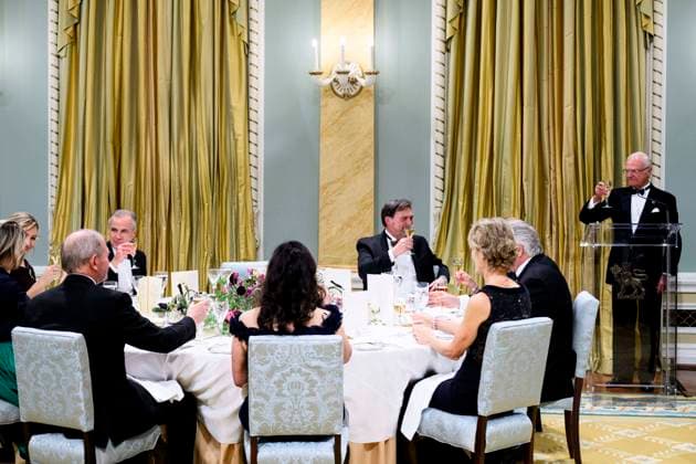 November 18, 2025, Ottawa, On, Canada: King of Sweden Carl XVI Gustaf, far-right, raises his glass in cheers towards Prime Minister Mark Carney, fourth-left, and Deputy Governor General and Chief Justice of Canada Richard Wagner, centre-right, during a State Dinner at Rideau Hall in Ottawa, on Tuesday, Nov. 18, 2025. Ottawa Canada - ZUMAc35_ 20251118_zaf_c35_190 Copyright: xSpencerxColbyx