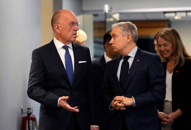 November 19, 2025, Ottawa, On, CAN: Minister of Finance and National Revenue Francois-Philippe Champagne and Jan Carlson, chair of Ericsson s board of directors, left, await the arrival of Sweden s King Carl XVI Gustaf and Queen Silvia, not shown, at the Ericsson Research & Development facility in Ottawa, on Wednesday, Nov. 19, 2025. Ottawa CAN - ZUMAc35_ 20251119_zaf_c35_044 Copyright: xJustinxTangx