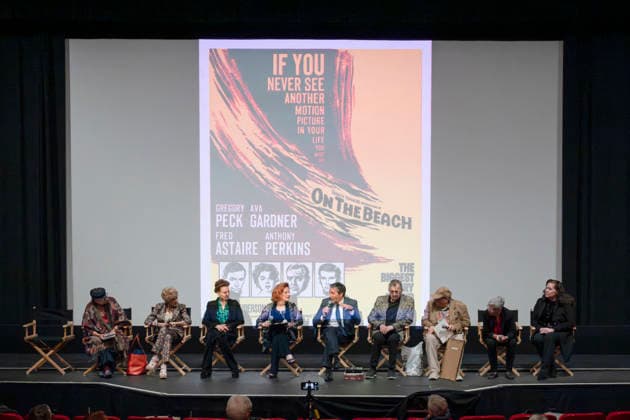 November 23, 2025, Beverly Hills, California, USA: Producer and writer SANDRA SCHULBERG, American actress, producer and activist KAREN SHARPE KRAMER, actriss and film maker JENNIFER KRAMER, Actress, producer and activist KAT KRAMER, English comedian, actor, satirist, playwright and screenwriter PETER COOK, French-born Australian artist and film director PHILIPPE MORA, NICHOLAS ELIOPOULOS, Communications and creativity expert LIBBE HALEVY and PAMELA MORA attend the director Stanley Kramer Double Feature: Judgment At Nuremberg and On The Beach presented By Kat Kramer s Films That Change The World. Beverly Hills USA - ZUMAb173 20251123_aap_b173_142 Copyright: xBillyxBennightx