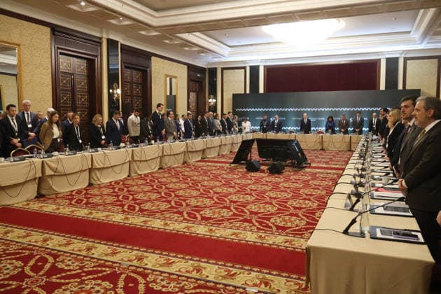 Participants stand to attention during the Sanctions Summit in Kyiv, Ukraine, November 27, 2025. The summit convenes over 60 sanctions policy officials from the European Union, the United States, and Canada. Discussions focus on critical issues, including the shadow fleet, energy, financial restrictions, sanctions circumvention, and the operations of Russia’s military-industrial complex. (Photo by Pavlo Bahmut Ukrinform) Inaugural Sanctions Summit underway in Kyiv Copyright: xPavloxBahmutx