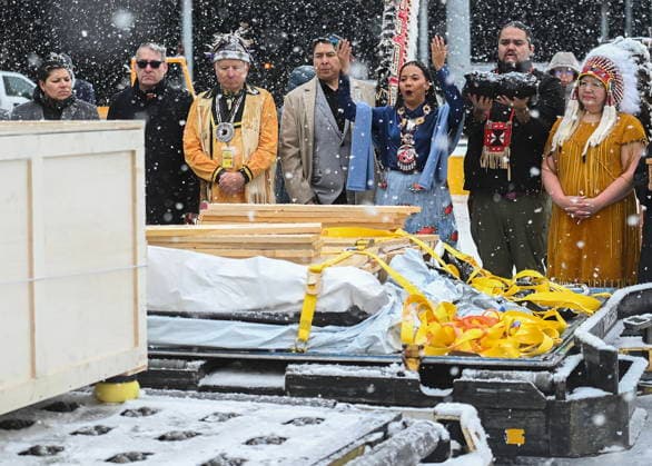 December 6, 2025, Montreal, Pq, Canada: Assembly of First Nations National Chief Cindy Woodhouse Nepinak, right, along with representatives from various First Nations receive a kayak and other indigenous artifacts at Trudeau Airport in Montreal, Saturday, December 6, 2025, after they were returned by the Vatican. Montreal Canada - ZUMAc35_ 20251206_zaf_c35_051 Copyright: xGrahamxHughesx