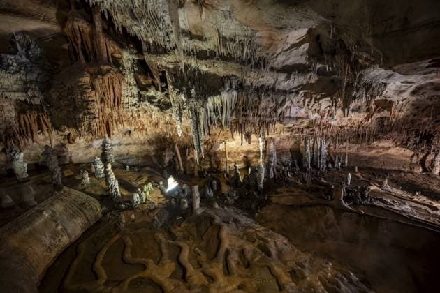 Stalagtiten und Stalagmiten, Felsformationen in einer Tropfsteinhöhle mit Wasserbecken, Grotta del Fico, Golf von Orosei, Baunei, Sardinien, Italien Stalactites and stalagmites, rock formations in a stalactite cave with water basin, Grotta del Fico, Gulf of Orosei, Baunei, Sardinia, Italy Copyright: imageBROKER Marax&xMoritzxWolf ibxmzf15829204.jpg
