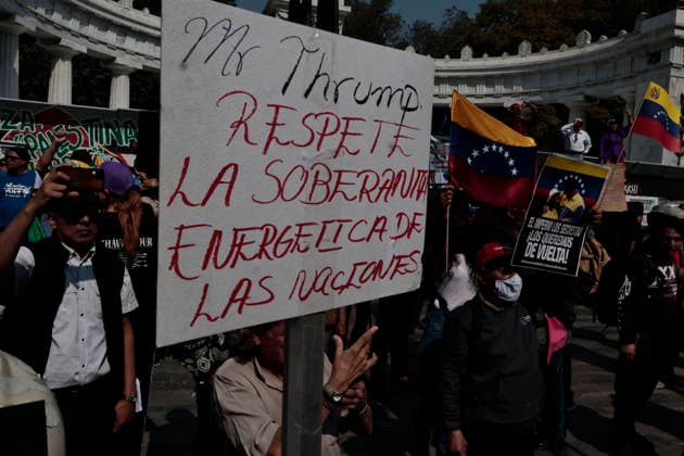 January 10, 2026, Mexico City, Cdmx, Mexico: Mexican protesters and social organizations are demonstrating against the actions of US President DONALD TRUMP against Venezuela and its former president, NICOLAS MADURO. With posters, giant banners, and Venezuelan flags, they are showing their support for MADURO and his vice president, DELCY RODRIGUEZ, who has assumed the presidency due to the country s situation. Chanting slogans like Yankees out of Latin America and Trump, imperialist terrorist, the protesters are demanding the immediate release of NICOLAS MADURO, whom they claim is being held captive by DONALD TRUMP. This comes as protests against these actions spread worldwide, with many believing TRUMP S true objective is to seize V - ZUMAp204 20260110_zip_p204_038 Copyright: xJosuexPerezx