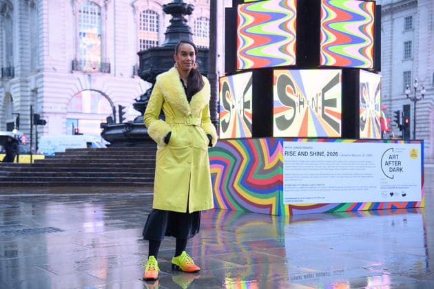 Art After Dark Launch at Piccadilly Circus, London, UK Lakwena Maciver poses with her artwork Rise and Shine in Piccadilly Circus, London, England, UK on Tuesday 3 February, 2026 as part Art of London s Art After Dark, its seasonal art and culture programme., Credit:Justin Ng Avalon UK, England, London, Piccadilly Circus Copyright: xJustinxNgx xAvalonx 1071735037