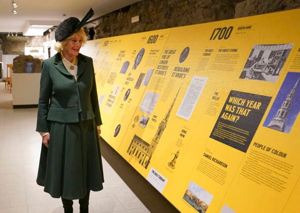 Queen at St Bride s Church on Fleet Street in London, UK, 10 February 2026 London, UK, 10 February 2026: Her Majesty The Queen Camilla attended a Service of Celebration to Mark the 650th anniversary of Royal Confirmation of the Guild of St Bride, at St Bride™s Church, Fleet Street, London. The Queen joined the congregation for the service which will recognise the work of the Guild in facilitating public worship at St Bride™s, and in its ministry to journalism. After the service, Her Majesty attended a short reception in the crypt to meet Guild members and met students supported by a Guild bursary., Credit:Arthur Edwards Avalon London, United Kingdom Copyright: xArthurxEdwardsx xAvalonx 1073730811