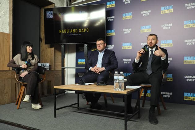 Moderator Olha Atamanova, Director of the National Anti-Corruption Bureau of Ukraine Semen Kryvonos, and Head of the Specialized Anti-Corruption Prosecutor’s Office Oleksandr Klymenko (L to R) take part in a briefing to present the report on the activities of NABU and SAPO in the second half of 2025 at the Media Center Ukraine, Kyiv, Ukraine, February 10, 2026. In the second half of 2025, NABU and SAPO reached a new level in exposing corruption in strategic sectors of the economy and defence. Despite Russian aggression, the agencies carried out large-scale operations in the energy sector, uncovered corruption schemes in military procurement, and exposed cases involving high-ranking officials. Twelve top officials were served with suspicions Copyright: xYuliiaxOvsiannikovax