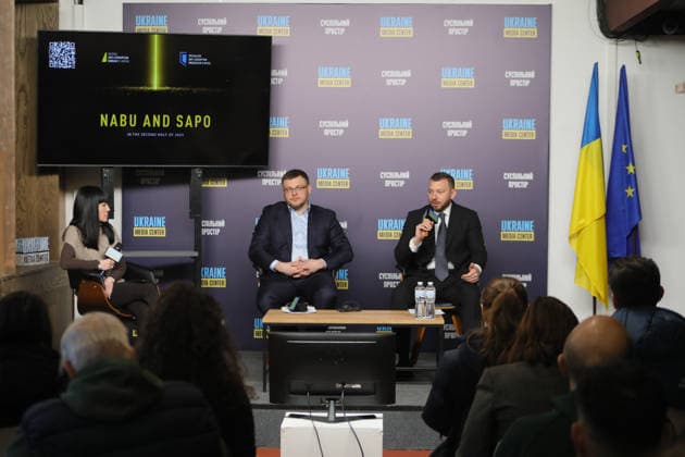 Moderator Olha Atamanova, Director of the National Anti-Corruption Bureau of Ukraine Semen Kryvonos, and Head of the Specialized Anti-Corruption Prosecutor’s Office Oleksandr Klymenko (L to R) take part in a briefing to present the report on the activities of NABU and SAPO in the second half of 2025 at the Media Center Ukraine, Kyiv, Ukraine, February 10, 2026. In the second half of 2025, NABU and SAPO reached a new level in exposing corruption in strategic sectors of the economy and defence. Despite Russian aggression, the agencies carried out large-scale operations in the energy sector, uncovered corruption schemes in military procurement, and exposed cases involving high-ranking officials. Twelve top officials were served with suspicions Copyright: xYuliiaxOvsiannikovax