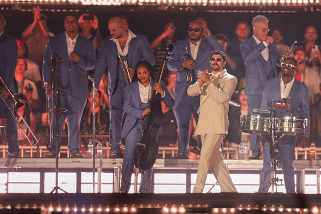 Bad Bunny performs first Buenos Aires concert of world tour BUENOS AIRES, ARGENTINA - FEBRUARY 13: Puerto Rican singer Bad Bunny performs during the first of his three scheduled shows at Estadio Monumental in Buenos Aires, Argentina, as part of his Debi Tirar Mas Fotos world tour, in Buenos Aires, Argentina on February 13, 2026. The artist arrived in Argentina following a high-profile appearance at the Super Bowl, where he delivered strong criticism of US policies, and after winning a Grammy Award, becoming the first Spanish-language album to receive the Album of the Year honor. The concert drew tens of thousands of fans, marking one of the most anticipated musical events of the year in the Argentine capital. Luciano Gonzalez Anadolu Bu Copyright: x2026xAnadoluxLucianoxGonzalezx