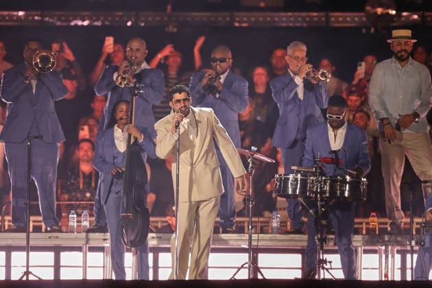 Bad Bunny performs first Buenos Aires concert of world tour BUENOS AIRES, ARGENTINA - FEBRUARY 13: Puerto Rican singer Bad Bunny performs during the first of his three scheduled shows at Estadio Monumental in Buenos Aires, Argentina, as part of his Debi Tirar Mas Fotos world tour, in Buenos Aires, Argentina on February 13, 2026. The artist arrived in Argentina following a high-profile appearance at the Super Bowl, where he delivered strong criticism of US policies, and after winning a Grammy Award, becoming the first Spanish-language album to receive the Album of the Year honor. The concert drew tens of thousands of fans, marking one of the most anticipated musical events of the year in the Argentine capital. Luciano Gonzalez Anadolu Bu Copyright: x2026xAnadoluxLucianoxGonzalezx