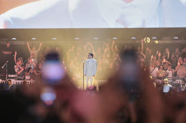 Bad Bunny performs first Buenos Aires concert of world tour BUENOS AIRES, ARGENTINA - FEBRUARY 13: Puerto Rican singer Bad Bunny performs during the first of his three scheduled shows at Estadio Monumental in Buenos Aires, Argentina, as part of his Debi Tirar Mas Fotos world tour, in Buenos Aires, Argentina on February 13, 2026. The artist arrived in Argentina following a high-profile appearance at the Super Bowl, where he delivered strong criticism of US policies, and after winning a Grammy Award, becoming the first Spanish-language album to receive the Album of the Year honor. The concert drew tens of thousands of fans, marking one of the most anticipated musical events of the year in the Argentine capital. Luciano Gonzalez Anadolu Bu Copyright: x2026xAnadoluxLucianoxGonzalezx
