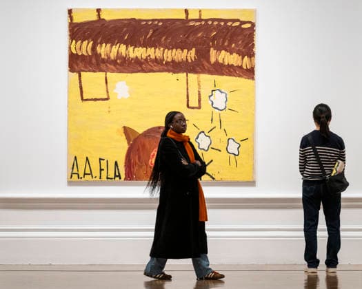 February 24, 2026, London, London, UK: LONDON, UK. Visitors with ‘Ack Ackâ€⠢, 2003, at a preview of ‘Rose Wylie: The Picture Comes Firstâ€⠢, the largest survey of the work of Rose Wylie, RA, at the Royal Academy of Arts. The exhibition presents over 90 of her works from 28 February to 19 April 2026. London UK - ZUMAl94_ 20260224_zaf_l94_036 Copyright: xStephenxChungx