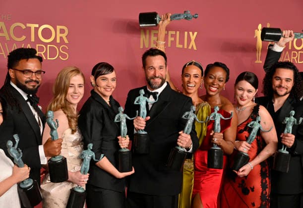 Joanna Going, Krystel V. McNeil, Tracy Vilar, Kristin Villanueva, Brandon Mendez Homer, Taylor Dearden, Fiona Dourif, Noah Wyle, Alexandra Metz, Tracy Ifeachor, Isa Briones, Jalen Thomas Brooks, Patrick Ball, Gerran Howell, Supriya Ganesh and Amielynn Abellera, winners of the Outstanding Performance by an Ensemble in a Drama Series award for The Pitt, appear backstage during the 32nd annual SAG Awards held at the Shrine Auditorium in Los Angeles on Sunday, March 1, 2026. LAP20260301168 JIMxRUYMEN