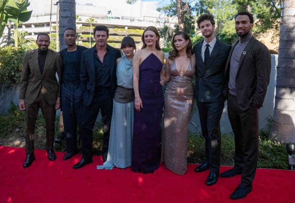 March 8, 2026, Hollywood, California, United States: Laz Alonso, Jessie T. Usher, Karl Urban, Karen Fukuhara, Ashley Barrett, Erin Moriarty, Jack Quaid and Nathan Mitchell arrive on the red carpet of the 53rd Annual Saturn Awards at The Hilton Universal City Hotel in Hollywood California on Mar. 8, 2026. (Contributing Photographer, Hollywood United States - ZUMAt169 20260308_zep_t169_011 Copyright: xConnorxTerryx
