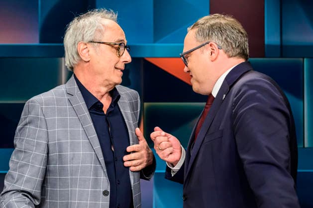GER, Berlin, tough but fair Ð political talk show, TV, format, with host Louis Klamroth, Das Erste, pictured from left: Christian Rach: Top chef and podcaster (ÒDreimal freie MeinungÓ Three Times Free Opinion ), Mario Voigt (CDU): Minister President of Thuringia, , March 9, 2026 Copyright: HMBxMedia UwexKoch
