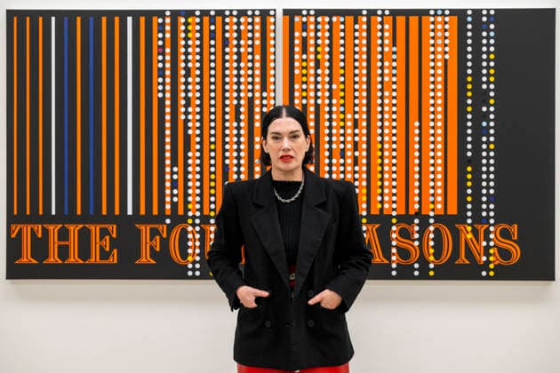 March 10, 2026, London, London, UK: LONDON, UK. British-American artist Sarah Morris poses with ‘The Four Seasonsâ€⠢, 2025, at a preview of ‘Snow Leopards and Skyscrapersâ€⠢, her new exhibition at White Cube Masonâ€⠢s Yard. The show, which runs 11 March to 9 May, features a series of new paintings that examine global corporations alongside two films set in New York: her latest, Chris Rock (2025), focusing on the American comedian, and her first film Midtown (1998) London UK - ZUMAl94_ 20260310_zaf_l94_006 Copyright: xStephenxChungx