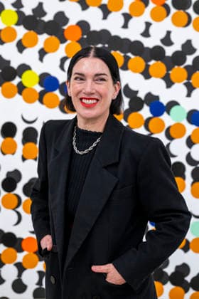 March 10, 2026, London, London, UK: LONDON, UK. British-American artist Sarah Morris, with her colourful sunglasses, poses with ‘Misregistrationâ€⠢, 2026, at a preview of ‘Snow Leopards and Skyscrapersâ€⠢, her new exhibition at White Cube Masonâ€⠢s Yard. The show, which runs 11 March to 9 May, features a series of new paintings that examine global corporations alongside two films set in New York: her latest, Chris Rock (2025), focusing on the American comedian, and her first film Midtown (1998) London UK - ZUMAl94_ 20260310_zaf_l94_007 Copyright: xStephenxChungx