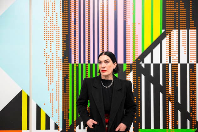 March 10, 2026, London, London, UK: LONDON, UK. British-American artist Sarah Morris poses with ‘Bank of Chinaâ€⠢, 2025, at a preview of ‘Snow Leopards and Skyscrapersâ€⠢, her new exhibition at White Cube Masonâ€⠢s Yard. The show, which runs 11 March to 9 May, features a series of new paintings that examine global corporations alongside two films set in New York: her latest, Chris Rock (2025), focusing on the American comedian, and her first film Midtown (1998) London UK - ZUMAl94_ 20260310_zaf_l94_008 Copyright: xStephenxChungx