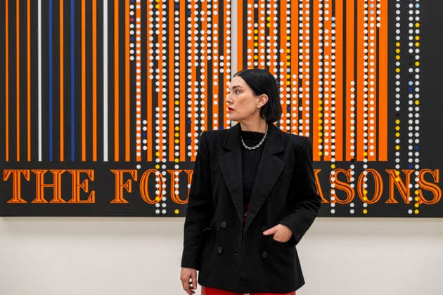 March 10, 2026, London, London, UK: LONDON, UK. British-American artist Sarah Morris poses with ‘The Four Seasonsâ€⠢, 2025, at a preview of ‘Snow Leopards and Skyscrapersâ€⠢, her new exhibition at White Cube Masonâ€⠢s Yard. The show, which runs 11 March to 9 May, features a series of new paintings that examine global corporations alongside two films set in New York: her latest, Chris Rock (2025), focusing on the American comedian, and her first film Midtown (1998) London UK - ZUMAl94_ 20260310_zaf_l94_009 Copyright: xStephenxChungx