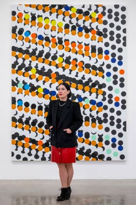 March 10, 2026, London, London, UK: LONDON, UK. British-American artist Sarah Morris, with her colourful sunglasses, poses with ‘Misregistrationâ€⠢, 2026, at a preview of ‘Snow Leopards and Skyscrapersâ€⠢, her new exhibition at White Cube Masonâ€⠢s Yard. The show, which runs 11 March to 9 May, features a series of new paintings that examine global corporations alongside two films set in New York: her latest, Chris Rock (2025), focusing on the American comedian, and her first film Midtown (1998) London UK - ZUMAl94_ 20260310_zaf_l94_010 Copyright: xStephenxChungx