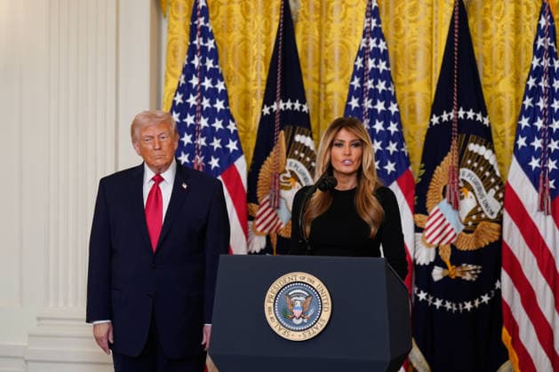 Trump Hosts Women s History Month Event First lady Melania Trump, right, makes remarks as she and United States President Donald J Trump, left, hope a Women™s History month reception in the East Room of the White House in Washington, DC, USA, on Thursday, March 12, 2026. Every year, March is designated Women s History Month by presidential proclamation. Credit: CNP AdMedia Washington District of Columbia United States of America EDITORIAL USE ONLY Copyright: xx FTP__AAD7335_2_1-6137777 CNPx xAdMediax admphotostwo974278