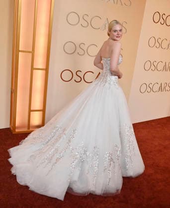Elle Fanning arrives on the red carpet for the 98th annual Academy Awards in the Hollywood section of Los Angeles on Sunday, March 15, 2026. Conan O Brien will host the Oscars for the second consecutive year. LAP20260315191 JIMxRUYMEN