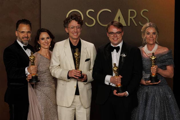 March 15, 2026, Hollywood, California, USA: (L-R) Radovan Sibrt, AlA¾bĺta Karo¡skovo¡, David Borenstein, Pavel Talankin, and Helle Faber, winners of the Best Documentary Feature Film Award for â€oeMr. Nobody Against Putinâ€Â, pose in the press room of the 98th Annual Academy Awards on Sunday March 15, 2026 at the Dolby Theater in Hollywood, California. PRENSA INTERNACIONAL Hollywood USA - ZUMAp124 20260315_zaa_p124_311 Copyright: xPrensaxInternacionalx