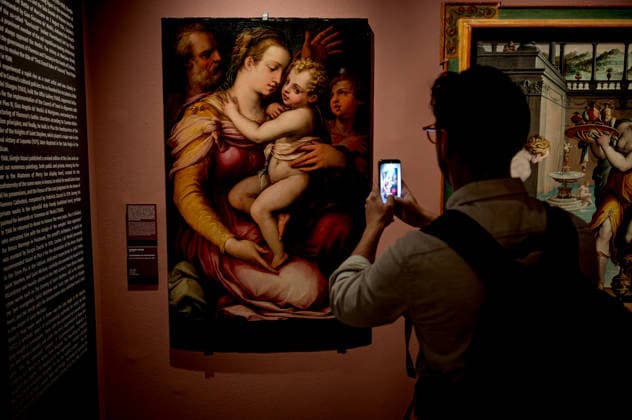 Exhibition VASARI AND ROME ROME, ITALY - MARCH 19: The dialogue between Giorgio Vasari (1511 1574) and the Eternal City comes to life at the Capitoline Museums with the exhibition Vasari and Rome, a show celebrating the master from Arezzo as a central figure in Rome™s cultural scene. On display are over seventy works, including drawings, prints, engravings, letters, medals, sculptures, and paintings, among which are sixteen autographs along with seven drawings From March 20 to July 19, 2026, Palazzo Caffarelli. Pictured: Giorgio Vasari, Holy Family with the Infant St. John - 1560 - 1565 ca. oil on panel on March 19, 2026 in Rome, Italy. Rome Italy Copyright: xStefanoxMontesix