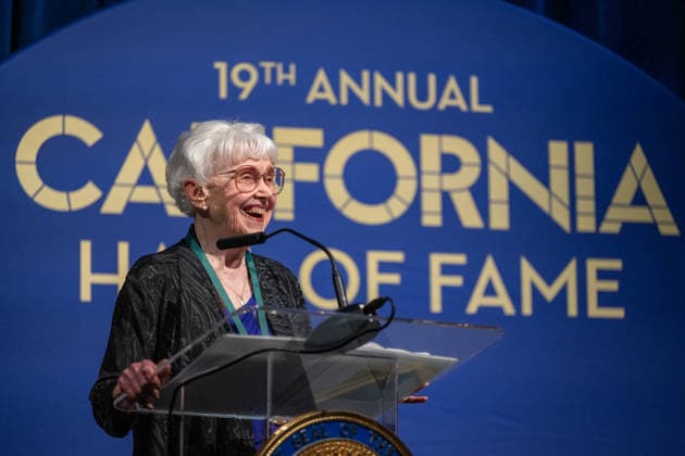 March 19, 2026, Sacramento, Ca, USA: Riane Eisler, groundbreaking systems scientist, cultural historian and futurist, speaks during her acceptance during the induction of the 19th class to the California Hall of Fame at the California Museum on Thursday, March 19, 2026, in Sacramento. Sacramento USA - ZUMAj89_ 20260319_zaf_j89_016 Copyright: xPaulxKitagakixJr.x