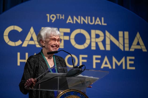 March 19, 2026, Sacramento, Ca, USA: Riane Eisler, groundbreaking systems scientist, cultural historian and futurist, speaks during her acceptance during the induction of the 19th class to the California Hall of Fame at the California Museum on Thursday, March 19, 2026, in Sacramento. Sacramento USA - ZUMAj89_ 20260319_zaf_j89_017 Copyright: xPaulxKitagakixJr.x