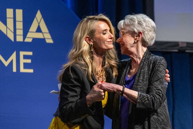 March 19, 2026, Sacramento, Ca, USA: First Partner Jennifer Siebel Newsom greets Riane Eisler, groundbreaking systems scientist, cultural historian and futurist, during the induction of the 19th class to the California Hall of Fame at the California Museum on Thursday, March 19, 2026, in Sacramento. Sacramento USA - ZUMAj89_ 20260319_zaf_j89_018 Copyright: xPaulxKitagakixJr.x