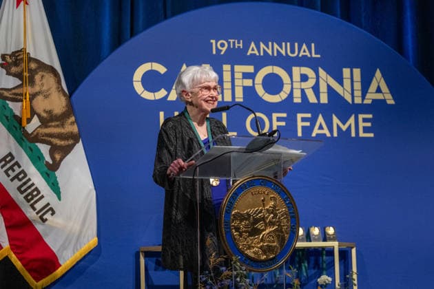 March 19, 2026, Sacramento, Ca, USA: Riane Eisler, groundbreaking systems scientist, cultural historian and futurist, speaks during her acceptance during the induction of the 19th class to the California Hall of Fame at the California Museum on Thursday, March 19, 2026, in Sacramento. Sacramento USA - ZUMAj89_ 20260319_zaf_j89_019 Copyright: xPaulxKitagakixJr.x