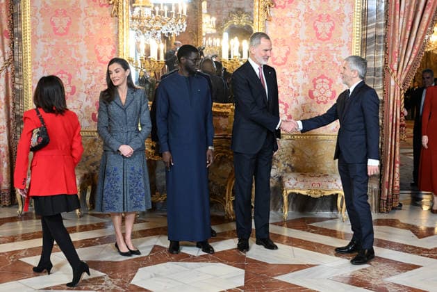 Queen Letizia, the President of the Republic of Senegal, Bassirou Diomaye Diakhar Faye, and King Felipe VI with the Minister of the Interior, Fernando Grande Marlaska Gómez, during the reception offered before lunch at the Royal Palace, on March 25, 2026, in Madrid Spain For the President of the Republic of Senegal, it will be the second official visit to Spain after he attended, on June 30, 2025, in Seville, the IV International Conference on Financing for Development of the United Nations KING KING KING SENEGAL José Madrid Madrid Madrid Spain Copyright: xJosà xOlivax 7394591