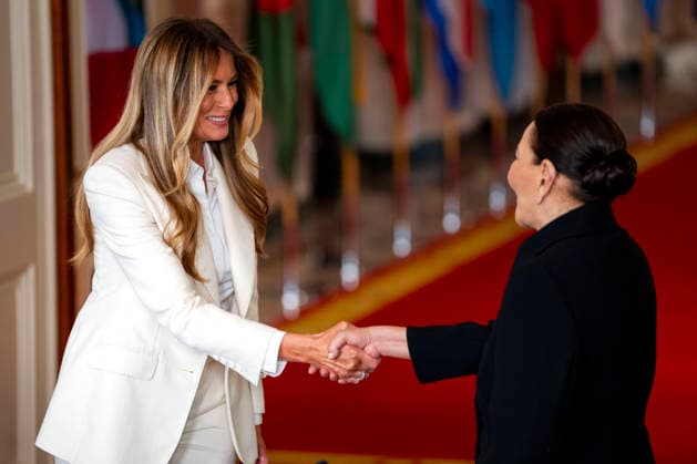 First Lady Melania Trump shakes hands with Princess Lalla Hasna of Morocco during the Fostering the Future Together Global Coalition Summit roundtable in the East Room of the White House in Washington, DC on Wednesday, March 25, 2026. WAP20260325304 BONNIExCASH