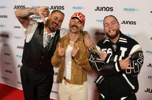 March 28, 2026, Hamilton, On, CAN: Sonreal, centre, poses with Snotty Nose Rez Kids, together nominated for Rap Single of the Year, on the red carpet at the 2026 Juno Awards Gala in Hamilton, Saturday, March 28, 2026. Hamilton CAN - ZUMAc35_ 20260328_zaf_c35_094 Copyright: xPeterxPowerx