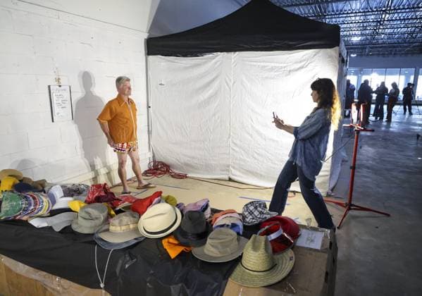 April 2, 2026, St. Pete Beach, Florida, USA: Extra Steven Kalnasy, of Seminole, stands for a picture in costume for Assistant Costume Designer Chris Rumery, right, during preparations for filming the movie â€oeThe Statement†on Thursday, April 2, 2026, in St. Pete Beach. St. Pete Beach USA - ZUMAs70_ 20260402_zan_s70_011 Copyright: xDouglasxR.xCliffordx