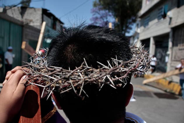 April 3, 2026, Mexico City, Cdmx, Mexico: As part of Holy Week, the Stations of the Cross were held today. According to the Catholic Church, this event commemorates Jesus crucifixion and death after a soldier pierced his side with a spear. The reenactment was performed by residents of the Tenorios area, which belongs to the Iztapalapa borough. Hundreds of people of all ages walked the streets dressed as apostles, wearing crowns of thorns and carrying crosses of varying sizes to ask for favors or give thanks for miracles they prayed to God for and received. The crucifixion of the actors portraying Dismas, Gestas, and Jesus takes place every year in the Tezontle mines located within the Tenorios area. Hundreds of residents gather there to or - ZUMAp204 20260403_zip_p204_012 Copyright: xJosuexPerezx